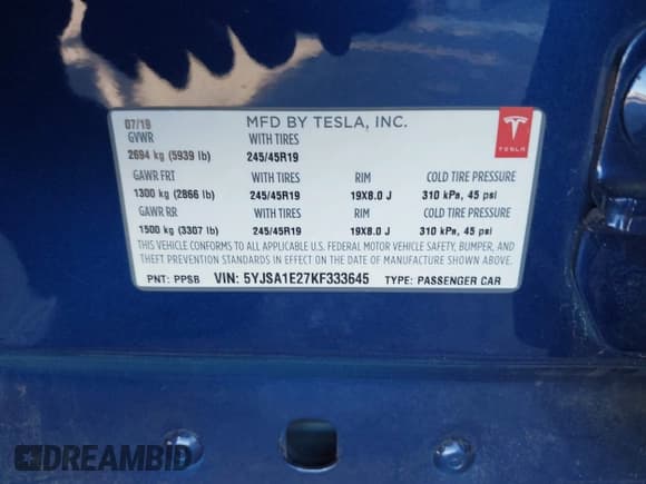✅ 2019 Tesla Model S 75D • VIN: 5YJSA1E27KF333645 • Lot: 41647989. Listed on IAAI with 52,528 mi. Free auction sales archive from the USA and detailed vehicle history report at DreamBid. Image 9.