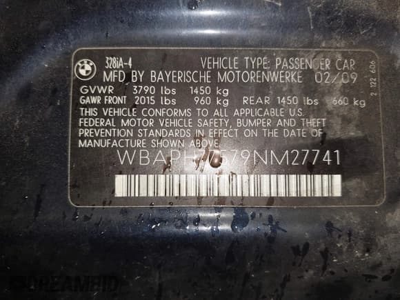 ✅ 2009 BMW 3 Series 328i • VIN: WBAPH77579NM27741 • Lot: 43732908. Listed on IAAI with 242,020 mi. Free auction sales archive from the USA and detailed vehicle history report at DreamBid. Image 9.