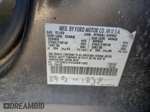 ✅ 2003 Ford F-350 XL • VIN: 1FTSW31P23EB81582 • Lot: 48762895. Listed on Copart with 320,121 mi. Free auction sales archive from the USA and detailed vehicle history report at DreamBid. Image 12.