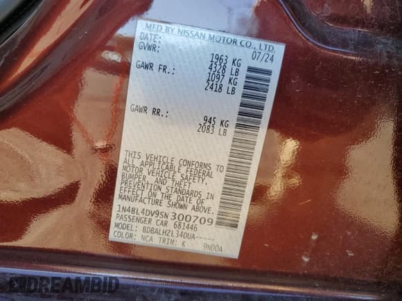 ✅ 2025 Nissan Altima SV • VIN: 1N4BL4DV9SN300709 • Lot: 91033425. Wystawiony na Copart z przebiegiem 27 910 mil. Bezpłatny archiwum sprzedaży aukcyjnych z USA i szczegółowy raport historii pojazdu na DreamBid. Zdjęcie 12.