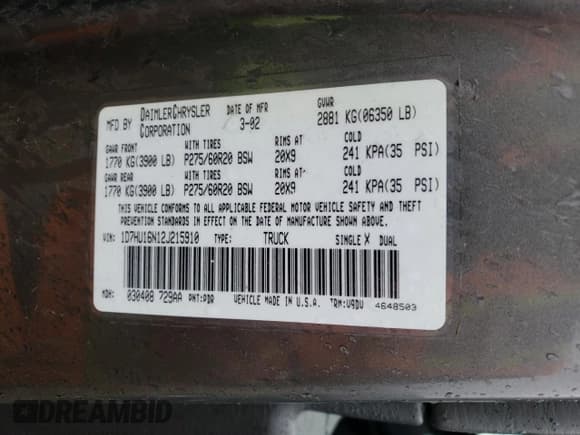 ✅ 2002 Dodge 1500 • VIN: 1D7HU16N12J215910 • Лот: 79264824. Опубликован ранее на Copart с пробегом 168 614 миль. Бесплатный доступ к архиву аукционных продаж из США и подробный отчёт об истории автомобиля на DreamBid. Изображение 12.