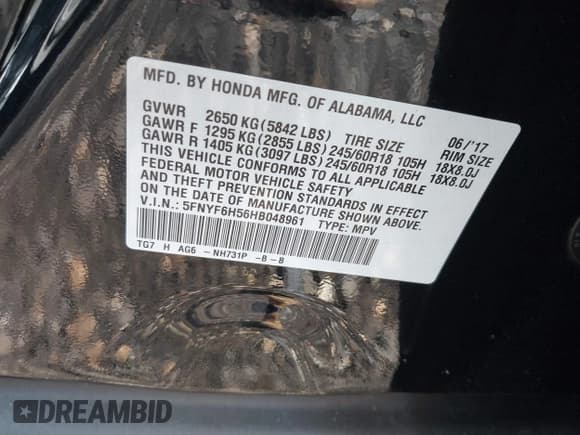 ✅ 2017 Honda Pilot EX-L • VIN: 5FNYF6H56HB048961 • Lot: 42664011. Listed on IAAI with 210,063 mi. Free auction sales archive from the USA and detailed vehicle history report at DreamBid. Image 9.