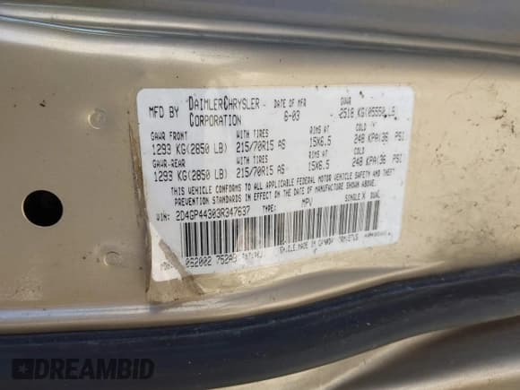 ✅ 2003 Dodge Caravan Sport • VIN: 2D4GP44303R347637 • Lot: 43084209. Listed on IAAI with 131,416 mi. Free auction sales archive from the USA and detailed vehicle history report at DreamBid. Image 9.