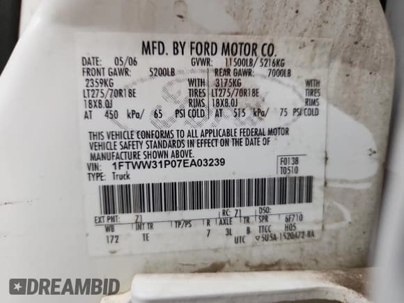 ✅ 2007 Ford F-350 XL • VIN: 1FTWW31P07EA03239 • Lot: 81329755. Listed on Copart with 198,868 mi. Free auction sales archive from the USA and detailed vehicle history report at DreamBid. Image 12.