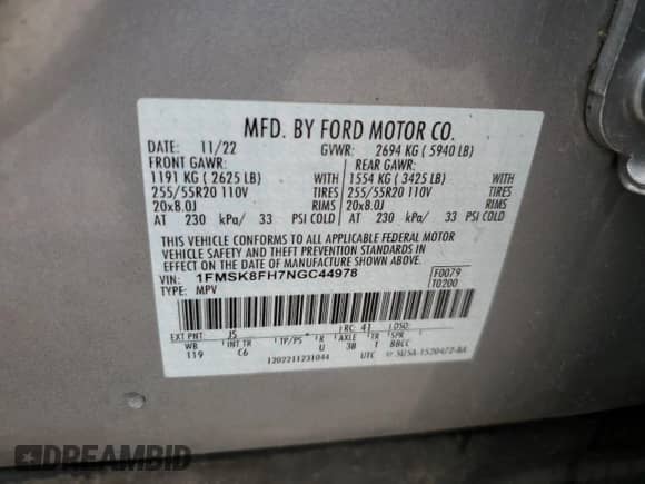 2022 Ford Explorer Limited z VIN 1FMSK8FH7NGC44978, wystawiony jako Copart lot #58302025 z przebiegiem 31 412 mil mil oraz Szkoda całkowita • Salvage title. Historia ofert i sprzedaży dostępna na DreamBid. Obrazek 13.