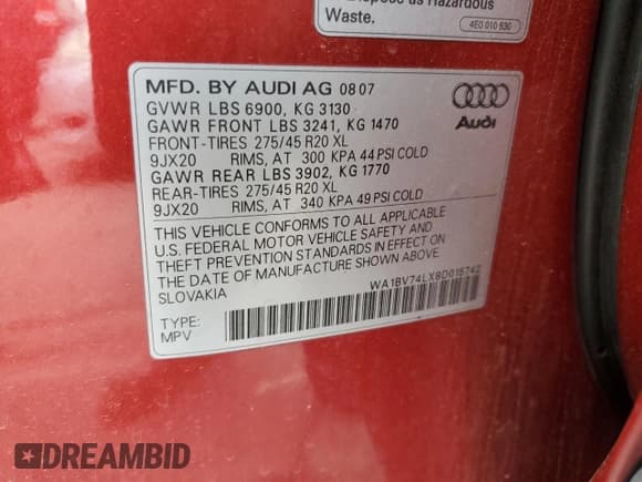 ✅ 2008 Audi Q7 Premium • VIN: WA1BV74LX8D015742 • Lot: 81179354. Listed on Copart with 165,288 mi. Free auction sales archive from the USA and detailed vehicle history report at DreamBid. Image 12.