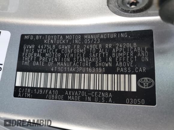 ✅ 2023 Toyota Camry LE • VIN: 4T1C11AK3PU163191 • Lot: 80205705. Wystawiony na Copart z przebiegiem 46 345 mil. Bezpłatny archiwum sprzedaży aukcyjnych z USA i szczegółowy raport historii pojazdu na DreamBid. Zdjęcie 13.