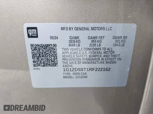 2024 Chevrolet Malibu LT z VIN 1G1ZD5ST1RF222162, wystawiony jako IAAI lot #43586715 z przebiegiem 38 518 mil mil oraz . Historia ofert i sprzedaży dostępna na DreamBid. Obrazek 9.