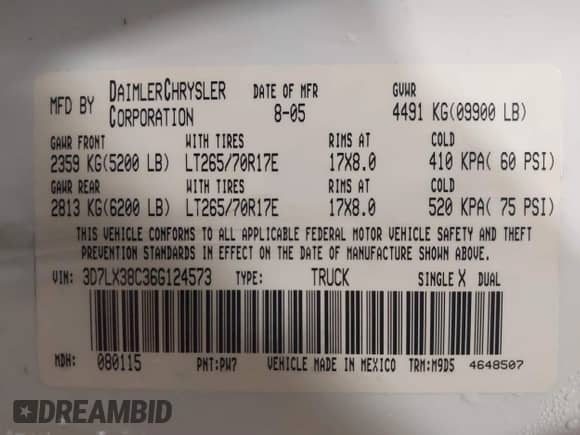 2006 Dodge 3500 SLT z VIN 3D7LX38C36G124573, wystawiony jako IAAI lot #41293879 z przebiegiem 187 850 mil mil oraz . Historia ofert i sprzedaży dostępna na DreamBid. Obrazek 9.