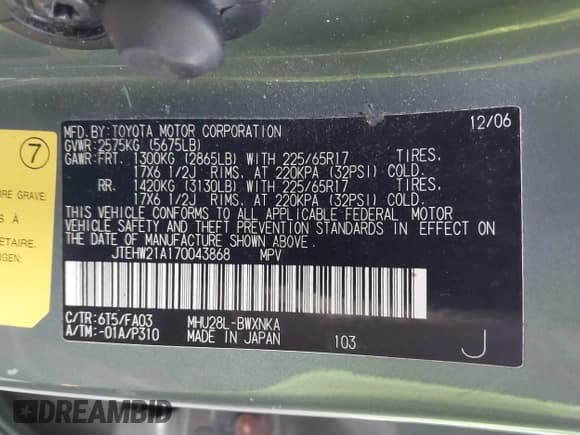 ✅ 2007 Toyota Highlander • VIN: JTEHW21A170043868 • Лот: 41679643. Опубликован ранее на IAAI с пробегом 213 509 миль. Бесплатный доступ к архиву аукционных продаж из США и подробный отчёт об истории автомобиля на DreamBid. Изображение 9.