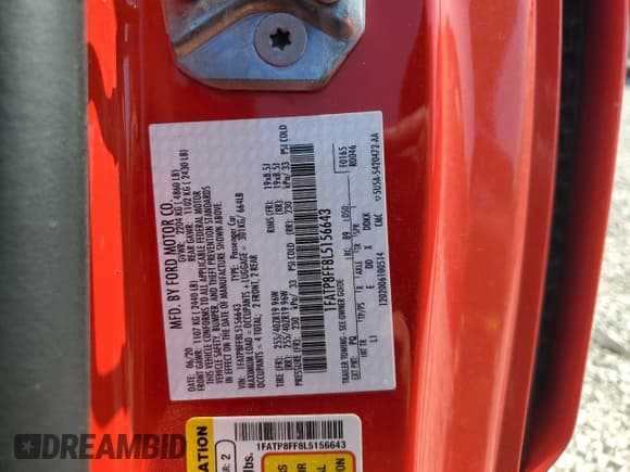 ✅ 2020 Ford Mustang GT Premium • VIN: 1FATP8FF8L5156643 • Lot: 62220835. Listed on Copart with Not provided. Free auction sales archive from the USA and detailed vehicle history report at DreamBid. Image 12.