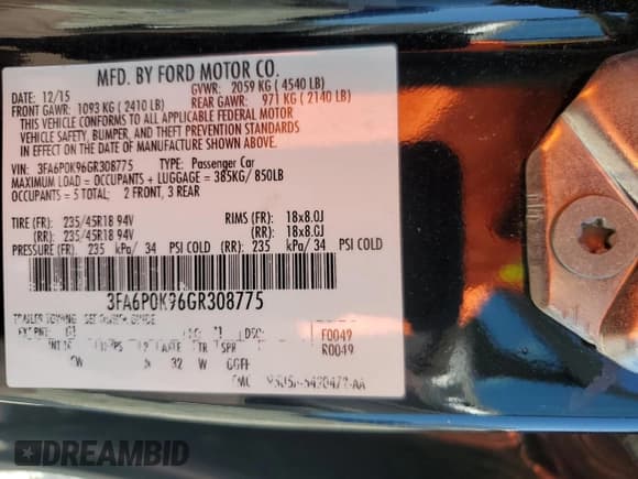 ✅ 2016 Ford Fusion Titanium • VIN: 3FA6P0K96GR308775 • Lot: 84474715. Listed on Copart with 188,330 mi. Free auction sales archive from the USA and detailed vehicle history report at DreamBid. Image 12.