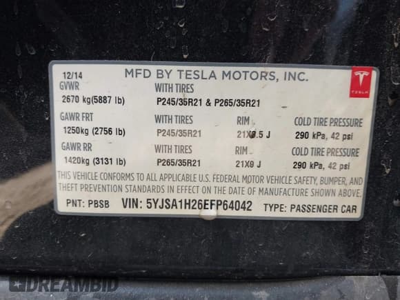 ✅ 2014 Tesla Model S P85D • VIN: 5YJSA1H26EFP64042 • Lot: 43591926. Listed on IAAI with 122,087 mi. Free auction sales archive from the USA and detailed vehicle history report at DreamBid. Image 9.