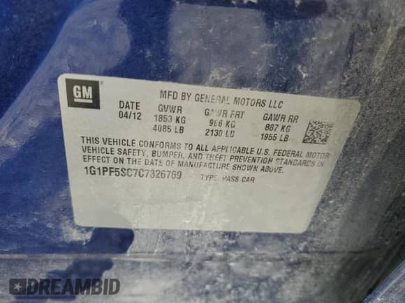 2012 Chevrolet Cruze 1LT with VIN 1G1PF5SC7C7326769, listed as a Copart auction lot 70151025 with Not provided miles and Non repairable. Bid and sale history available at DreamBid. Image 13.