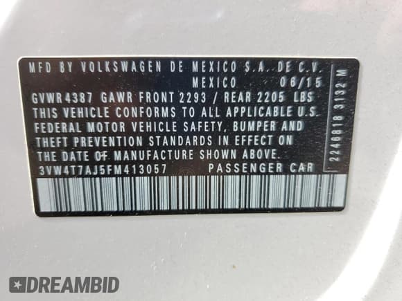 ✅ 2015 Volkswagen Jetta GLI SE • VIN: 3VW4T7AJ5FM413057 • Lot: 84270405. Listed on Copart with 122,658 mi. Free auction sales archive from the USA and detailed vehicle history report at DreamBid. Image 13.