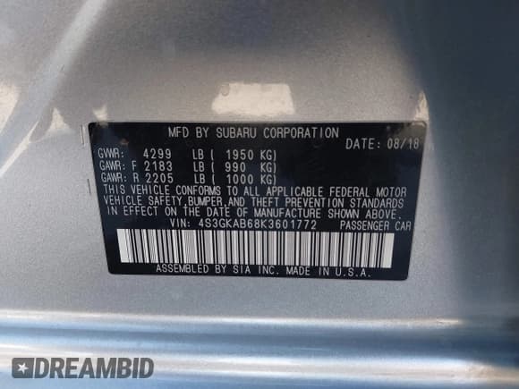 ✅ 2019 Subaru Impreza • VIN: 4S3GKAB68K3601772 • Lot: 41413804. Listed on IAAI with 40,003 mi. Free auction sales archive from the USA and detailed vehicle history report at DreamBid. Image 9.