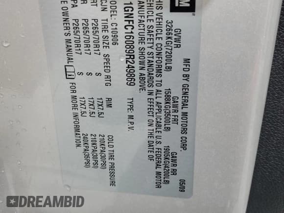 ✅ 2009 Chevrolet Suburban LS • VIN: 1GNFC16089R249869 • Лот: 81688434. Опубликован ранее на Copart с пробегом 174 768 миль. Бесплатный доступ к архиву аукционных продаж из США и подробный отчёт об истории автомобиля на DreamBid. Изображение 13.