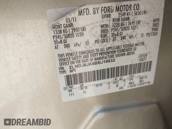 ✅ 2011 Lincoln MKX • VIN: 2LMDJ8JK8BBJ19932 • Lot: 43609493. Listed on IAAI with 171,224 mi. Free auction sales archive from the USA and detailed vehicle history report at DreamBid. Image 9.