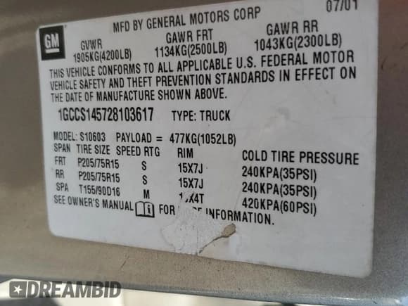 ✅ 2002 Chevrolet S-10 Fleet • VIN: 1GCCS145728103617 • Лот: 52428815. Опубликован ранее на Copart с пробегом Не указан. Бесплатный доступ к архиву аукционных продаж из США и подробный отчёт об истории автомобиля на DreamBid. Изображение 12.