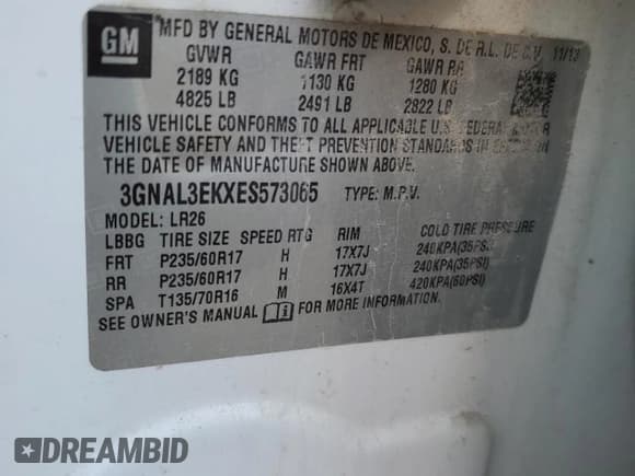 ✅ 2014 Chevrolet Captiva Sport LT • VIN: 3GNAL3EKXES573065 • Lot: 53039715. Wystawiony na Copart z przebiegiem 104 920 mil. Bezpłatny archiwum sprzedaży aukcyjnych z USA i szczegółowy raport historii pojazdu na DreamBid. Zdjęcie 14.
