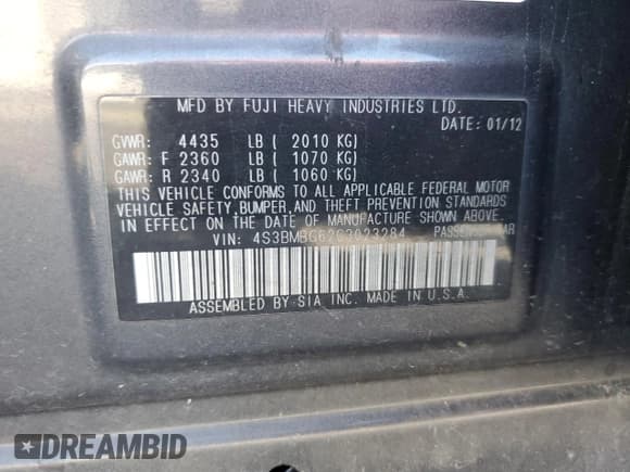 ✅ 2012 Subaru Legacy Premium • VIN: 4S3BMBG62C3023284 • Lot: 81833195. Listed on Copart with 180,427 mi. Free auction sales archive from the USA and detailed vehicle history report at DreamBid. Image 12.