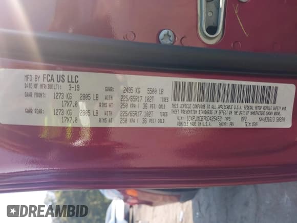 ✅ 2019 Jeep Cherokee Latitude • VIN: 1C4PJMCB7KD425453 • Lot: 43258961. Listed on IAAI with 108,240 mi. Free auction sales archive from the USA and detailed vehicle history report at DreamBid. Image 9.