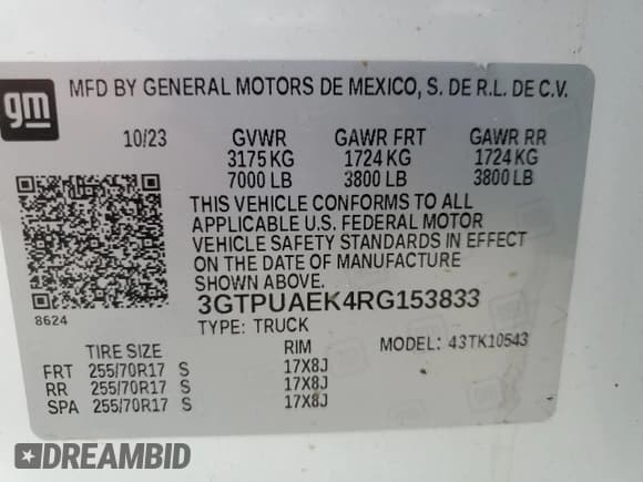 ✅ 2024 GMC Sierra 1500 Pro • VIN: 3GTPUAEK4RG153833 • Lot: 67361475. Listed on Copart with Not provided. Free auction sales archive from the USA and detailed vehicle history report at DreamBid. Image 12.