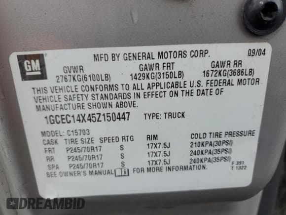 ✅ 2005 Chevrolet Silverado 1500 Work Truck • VIN: 1GCEC14X45Z150447 • Лот: 81967964. Опубликован ранее на Copart с пробегом 61 245 миль. Бесплатный доступ к архиву аукционных продаж из США и подробный отчёт об истории автомобиля на DreamBid. Изображение 12.