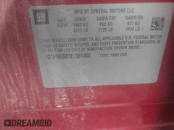 2014 Chevrolet Cruze ECO with VIN 1G1PH5SB0E7361450, listed as a IAAI auction lot 42165678 with 103,606 mi miles and . Bid and sale history available at DreamBid. Image 9.