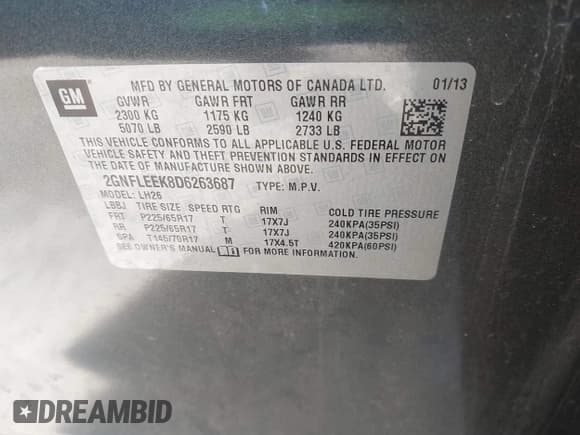 ✅ 2013 Chevrolet Equinox LT • VIN: 2GNFLEEK8D6263687 • Lot: 43299594. Listed on IAAI with 75,415 mi. Free auction sales archive from the USA and detailed vehicle history report at DreamBid. Image 9.