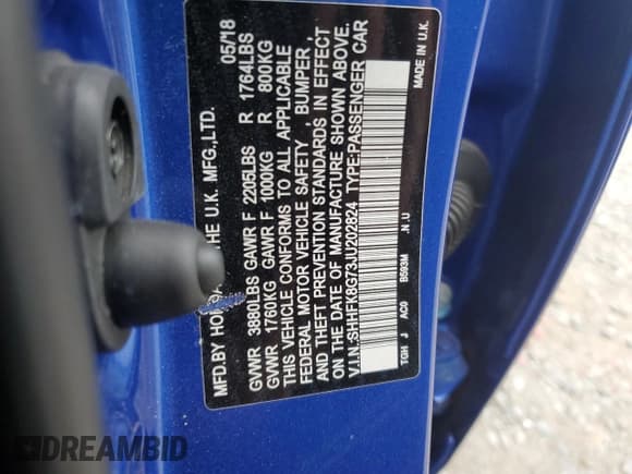 ✅ 2018 Honda Civic Type R Touring • VIN: SHHFK8G73JU202824 • Лот: 73363304. Опубликован ранее на Copart с пробегом 86 364 миль. Бесплатный доступ к архиву аукционных продаж из США и подробный отчёт об истории автомобиля на DreamBid. Изображение 12.