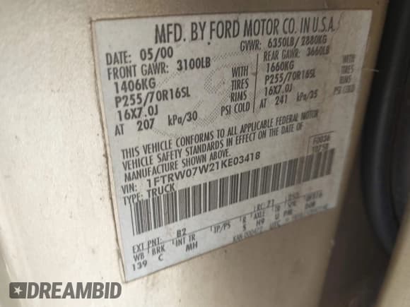 ✅ 2001 Ford F-150 XLT • VIN: 1FTRW07W21KE03418 • Lot: 43689936. Listed on IAAI with 222,006 mi. Free auction sales archive from the USA and detailed vehicle history report at DreamBid. Image 9.