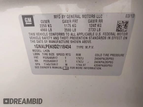 2013 Chevrolet Equinox LT z VIN 1GNALPEK8DZ118434, wystawiony jako IAAI lot #43039570 z przebiegiem 131 848 mil mil oraz . Historia ofert i sprzedaży dostępna na DreamBid. Obrazek 9.