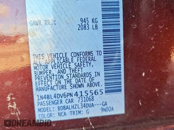 ✅ 2023 Nissan Altima SV • VIN: 1N4BL4DV6PN415565 • Lot: 80645845. Listed on Copart with Not provided. Free auction sales archive from the USA and detailed vehicle history report at DreamBid. Image 12.