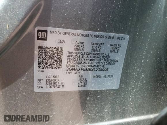 2025 Chevrolet Equinox AWD LT с VIN 3GNAXPEG6SL215006, выставлен на аукционе Copart как лот 47260055 с пробегом 794 миль миль и Списание • Salvage title. История ставок и продаж доступна на DreamBid. Изображение 14.