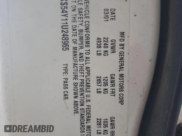 ✅ 2001 Cadillac Seville Luxury SLS • VIN: 1G6KS54Y11U248965 • Lot: 41794305. Listed on Copart with Not provided. Free auction sales archive from the USA and detailed vehicle history report at DreamBid. Image 12.