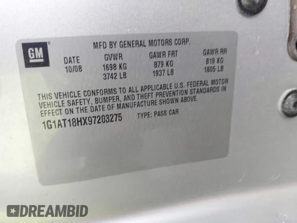 ✅ 2009 Chevrolet Cobalt 1LT • VIN: 1G1AT18HX97203275 • Lot: 43710142. Wystawiony na IAAI z przebiegiem 99 529 mil. Bezpłatny archiwum sprzedaży aukcyjnych z USA i szczegółowy raport historii pojazdu na DreamBid. Zdjęcie 9.