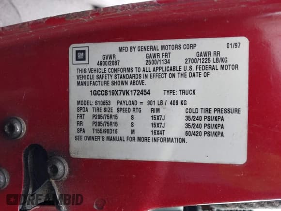 ✅ 1997 Chevrolet S-10 LS • VIN: 1GCCS19X7VK172454 • Лот: 41995993. Опубликован ранее на IAAI с пробегом 305 785 миль. Бесплатный доступ к архиву аукционных продаж из США и подробный отчёт об истории автомобиля на DreamBid. Изображение 9.