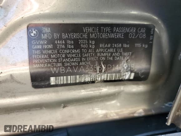 ✅ 2008 BMW 3 Series 328i • VIN: WBAVA33568P142915 • Lot: 71956205. Listed on Copart with 98,837 mi. Free auction sales archive from the USA and detailed vehicle history report at DreamBid. Image 12.