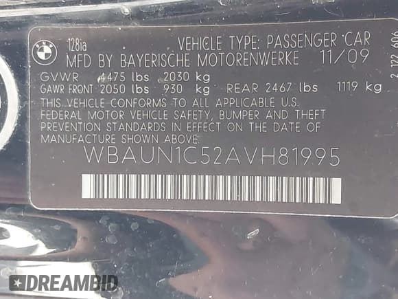 ✅ 2010 BMW 1 Series 128i • VIN: WBAUN1C52AVH81995 • Lot: 42359298. Listed on IAAI with 137,443 mi. Free auction sales archive from the USA and detailed vehicle history report at DreamBid. Image 9.