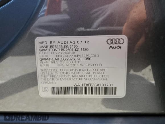 ✅ 2012 Audi Q5 Premium Plus • VIN: WA1LFAFP3CA131731 • Lot: 62381455. Listed on Copart with 119,196 mi. Free auction sales archive from the USA and detailed vehicle history report at DreamBid. Image 13.