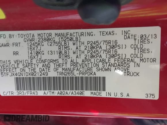 ✅ 2013 Toyota Tacoma PreRunner • VIN: 5TFJX4GN1DX021249 • Lot: 42236142. Listed on IAAI with 102,510 mi. Free auction sales archive from the USA and detailed vehicle history report at DreamBid. Image 9.