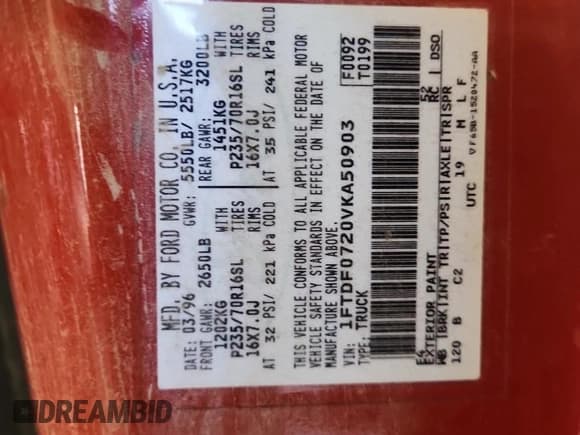 ✅ 1997 Ford F-150 XL • VIN: 1FTDF0720VKA50903 • Lot: 92311125. Listed on Copart with 282,509 mi. Free auction sales archive from the USA and detailed vehicle history report at DreamBid. Image 12.