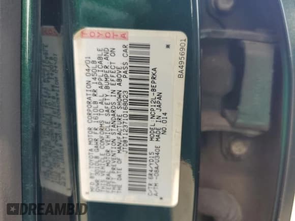 ✅ 2001 Toyota ECHO • VIN: JTDBT123710168023 • Lot: 58963565. Wystawiony na Copart z przebiegiem 155 525 mil. Bezpłatny archiwum sprzedaży aukcyjnych z USA i szczegółowy raport historii pojazdu na DreamBid. Zdjęcie 12.