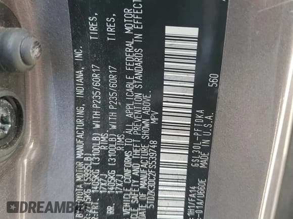 ✅ 2015 Toyota Sienna L • VIN: 5TDZK3DC2FS539748 • Lot: 80321745. Listed on Copart with 129,747 mi. Free auction sales archive from the USA and detailed vehicle history report at DreamBid. Image 13.