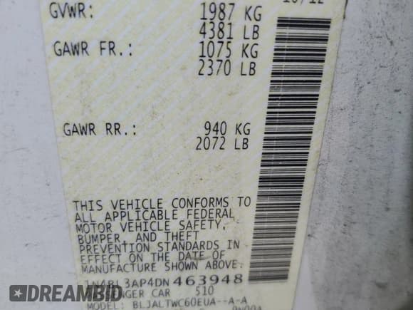 ✅ 2013 Nissan Altima SV • VIN: 1N4BL3AP4DN463948 • Lot: 60295225. Listed on Copart with 133,924 mi. Free auction sales archive from the USA and detailed vehicle history report at DreamBid. Image 12.