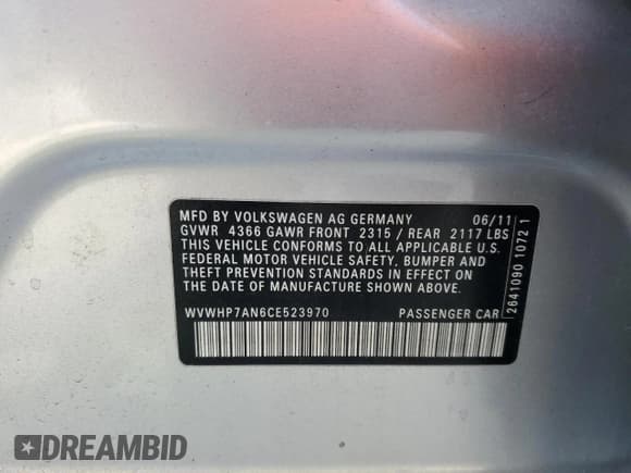 ✅ 2012 Volkswagen CC Lux Plus • VIN: WVWHP7AN6CE523970 • Lot: 49100765. Listed on Copart with 171,091 mi. Free auction sales archive from the USA and detailed vehicle history report at DreamBid. Image 12.