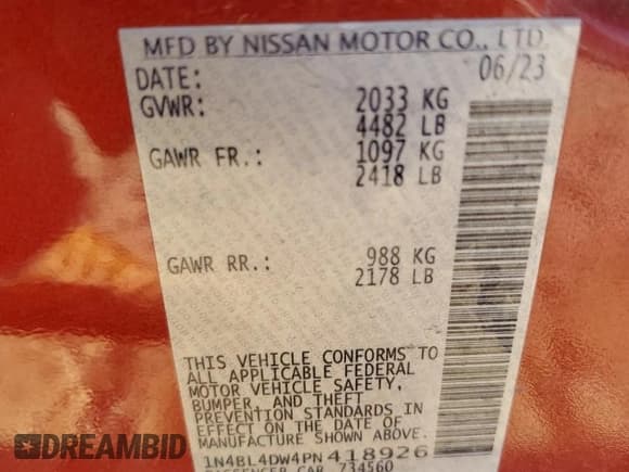 ✅ 2023 Nissan Altima SV • VIN: 1N4BL4DW4PN418926 • Лот: 84831425. Опубликован ранее на Copart с пробегом Не указан. Бесплатный доступ к архиву аукционных продаж из США и подробный отчёт об истории автомобиля на DreamBid. Изображение 13.