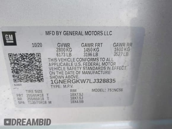 ✅ 2020 Chevrolet Traverse LT Cloth • VIN: 1GNERGKW7LJ328835 • Lot: 43641647. Wystawiony na IAAI z przebiegiem 146 606 mil. Bezpłatny archiwum sprzedaży aukcyjnych z USA i szczegółowy raport historii pojazdu na DreamBid. Zdjęcie 9.