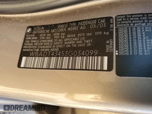 ✅ 2003 BMW 5 Series 525i • VIN: WBADT43453G034099 • Лот: 71457414. Опубликован ранее на Copart с пробегом Не указан. Бесплатный доступ к архиву аукционных продаж из США и подробный отчёт об истории автомобиля на DreamBid. Изображение 14.